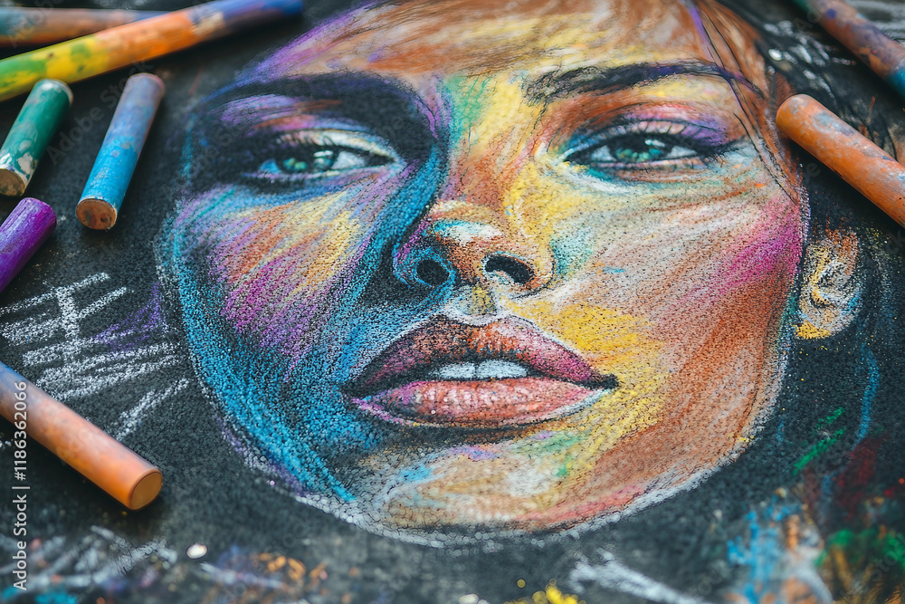 Poster a child drawing with colorful chalk on the street pavement, creating vibrant and imaginative artwork