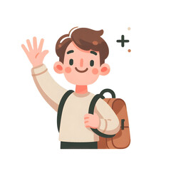 Obraz premium Friendly college student waving, wearing backpack against white backdrop, representing academic journey and youthful energy