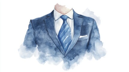 I Hate Coriander Day Watercolor painting of man in blue suit without head displaying formal attire