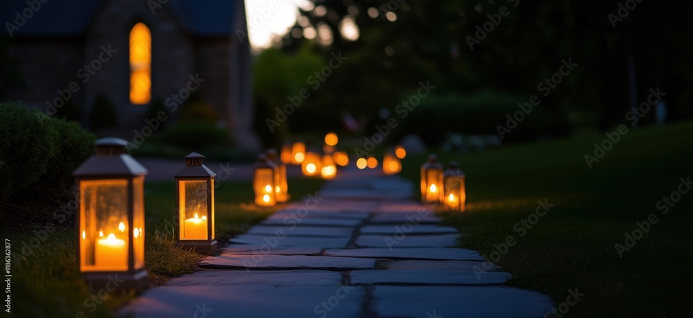 Poster pathway illuminated by glowing lanterns leading to a charming stone chapel at dusk, creating a seren
