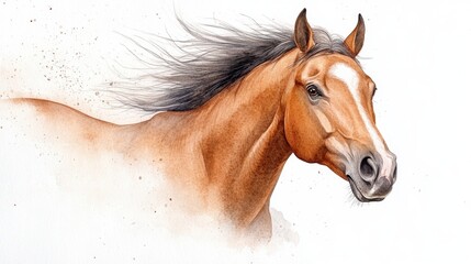 Obraz premium National Horse Protection Day Majestic brown horse with flowing mane and white blaze watercolor art