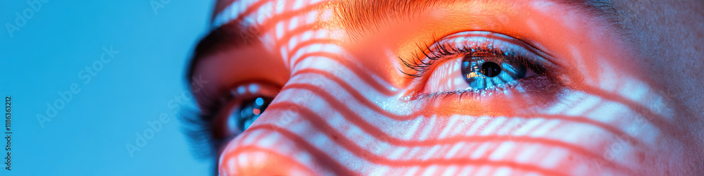 Poster close-up of human eye and face with projected linear pattern