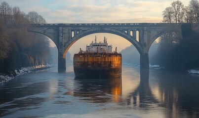 Obraz premium Rusty barge under stone arch bridge.