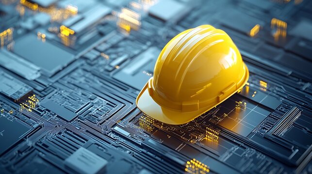 Construction safety gear yellow hard hat on circuit board background