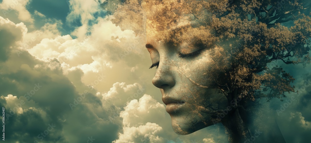 Poster surreal portrait of woman with tree features merging into clouds, symbolizing nature and tranquility