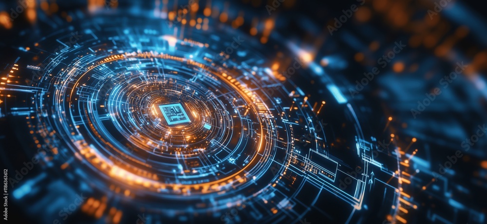 Poster futuristic digital circuit board with glowing blue and orange lines, intricate patterns, and a centr