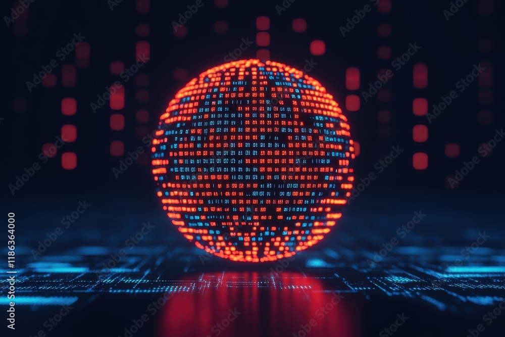 Poster a glowing, digital globe composed of red and blue dots, set against a dark background with binary co