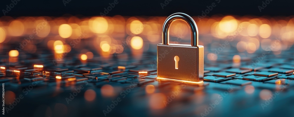 Poster a metallic padlock stands on a keyboard, illuminated by soft lights, symbolizing security and digita