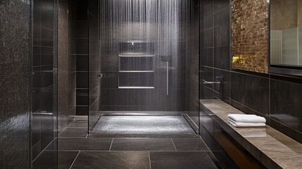Obraz premium A luxurious spa-inspired shower with natural stone tiles.