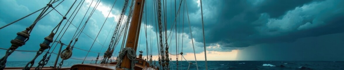Obraz premium Ropes and pulleys on a full rigged mast during a storm, mast, nature, stormy sky