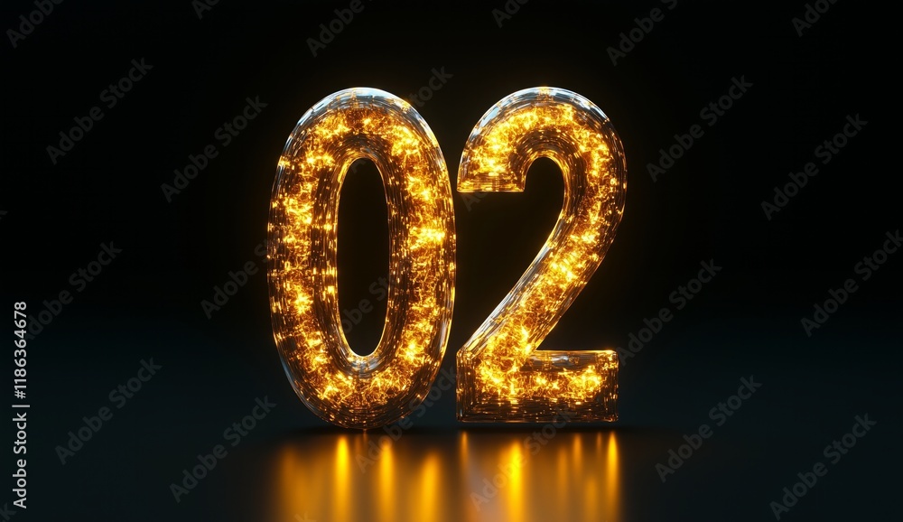 Poster glowing number 02: abstract sparkling golden digits on dark background