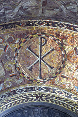 Pax symbol, mosic on the altar of the Sacred Heart of Jesus in St. Blaise Parish Church, Zagreb,...