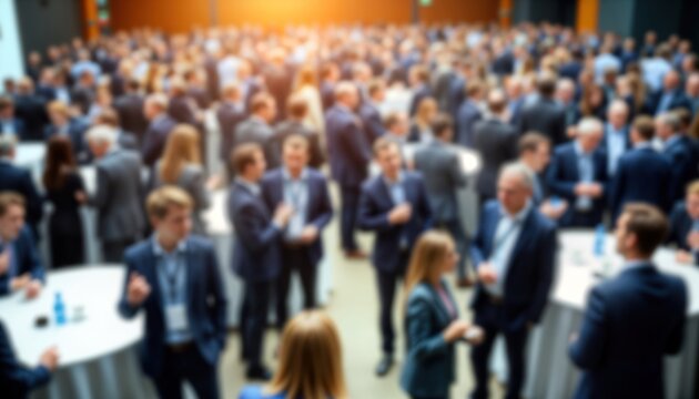 Large group of business people socialize at corporate event. Many professionals dressed in suits. Indoor conference hall. Blurred background suggests busy networking session. Busy atmosphere.