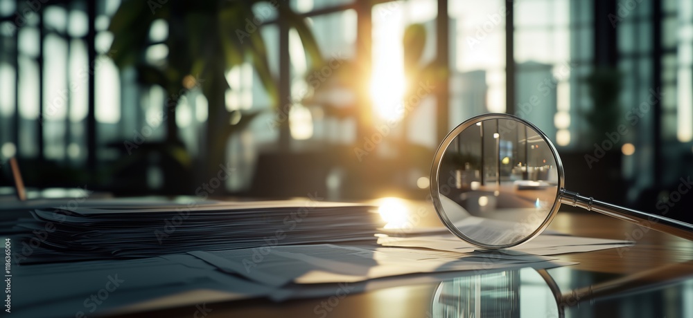 Poster magnifying glass on documents in modern office with sunlight streaming through windows, highlighting
