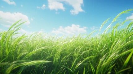 Fototapeta premium Lush Green Grass Field Under Bright Blue Sky with White Clouds