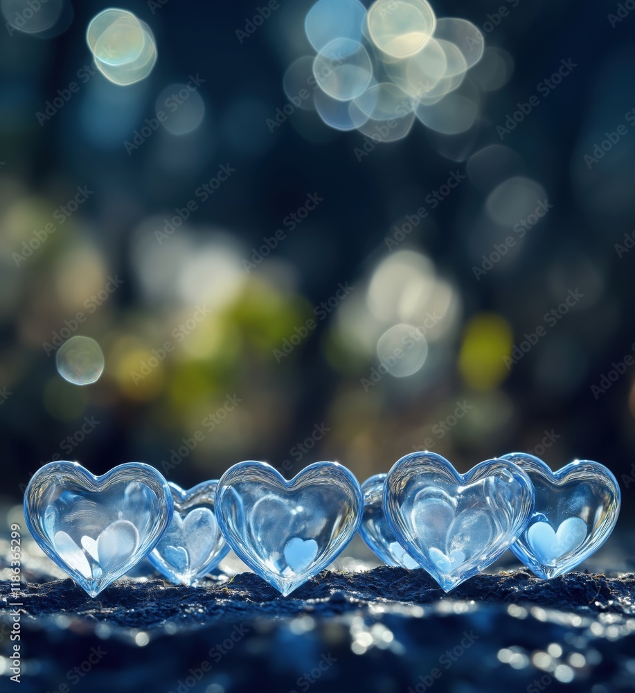 Poster glass hearts arranged in a row with soft bokeh background, symbolizing love and affection, copy spac