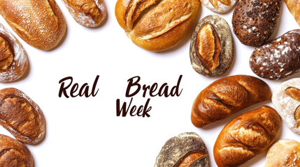 Real Bread Week Selection of various artisanal breads on white background for real bread week