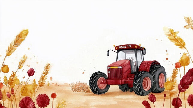 National FFA Week Harvest season: red tractor in wheat field with autumn flowers