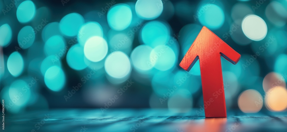 Poster red arrow symbolizing growth and progress against a blurred turquoise bokeh background, representing