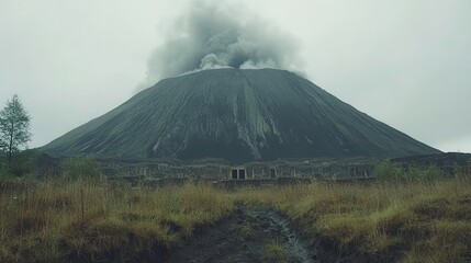 Fototapeta premium Volcanic eruption event mountain range nature photography foggy environment low angle geological activity