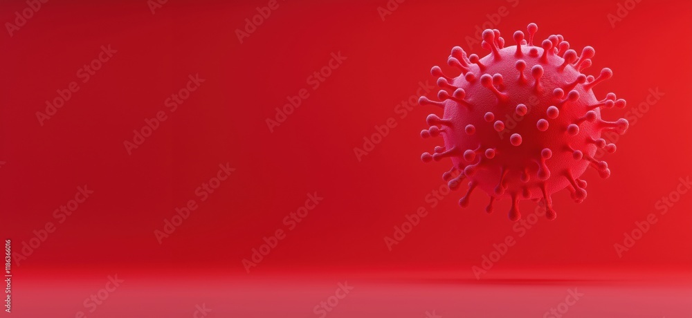 Poster 3d rendering of virus model on red background, depicting viral structure with spikes and spherical s