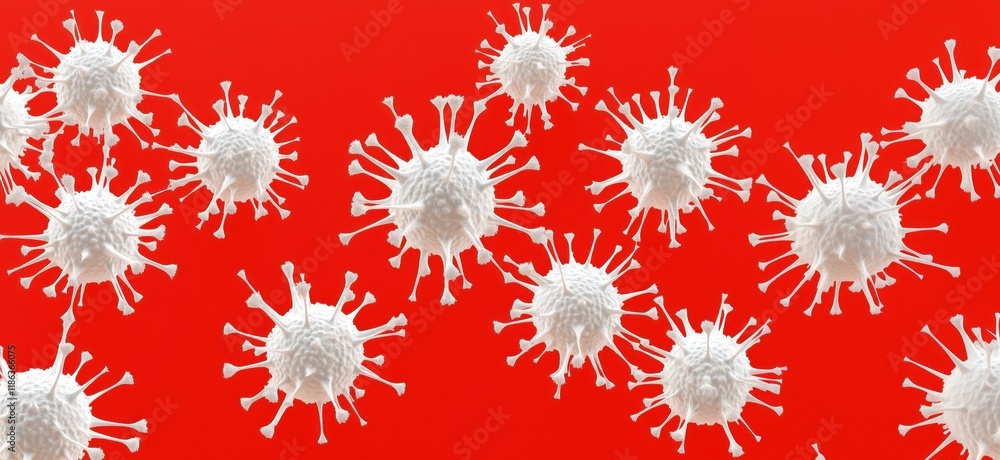 Poster virus particles on red background, depicting infectious agents, microscopic view of pathogens, scien