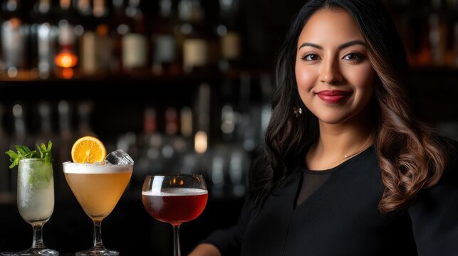World Bartender Day Hispanic female bartender with cocktails in elegant bar setting