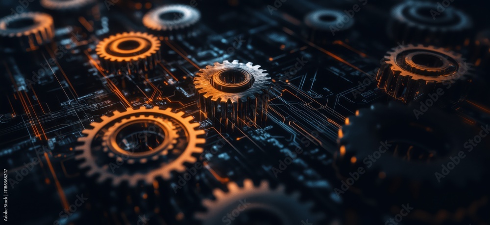 Poster gears and circuitry fusion, intricate mechanical components intertwined with digital circuit pattern