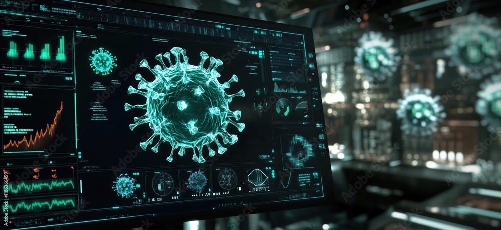 Poster covid-19 virus visualization on high-tech monitor with data analytics and graphs, copy space for tex