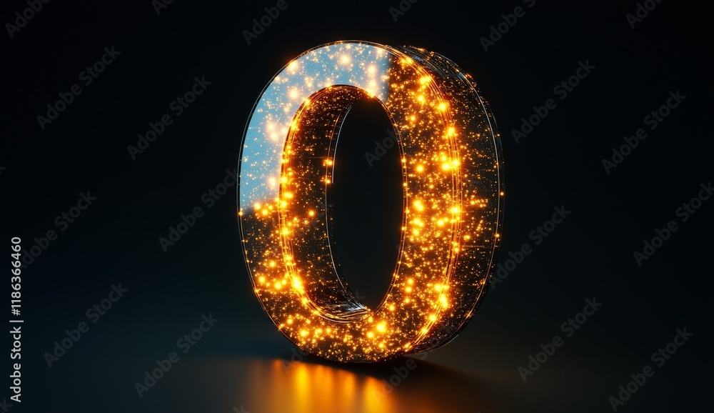 Poster glowing number zero: abstract 3d render of a sparkling digit