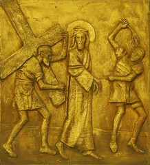 5th Stations of the Cross, Simon of Cyrene carries the cross, church of Our Lady of Sorrows in Spansko, Zagreb, Croatia