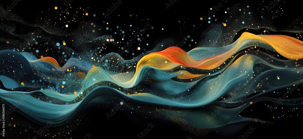 Poster vibrant abstract waves of colorful fluid dynamics with sparkling particles and ethereal flow, copy s