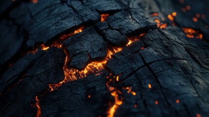 Glowing Hot Embers on a Charred and Cracked Wooden Surface