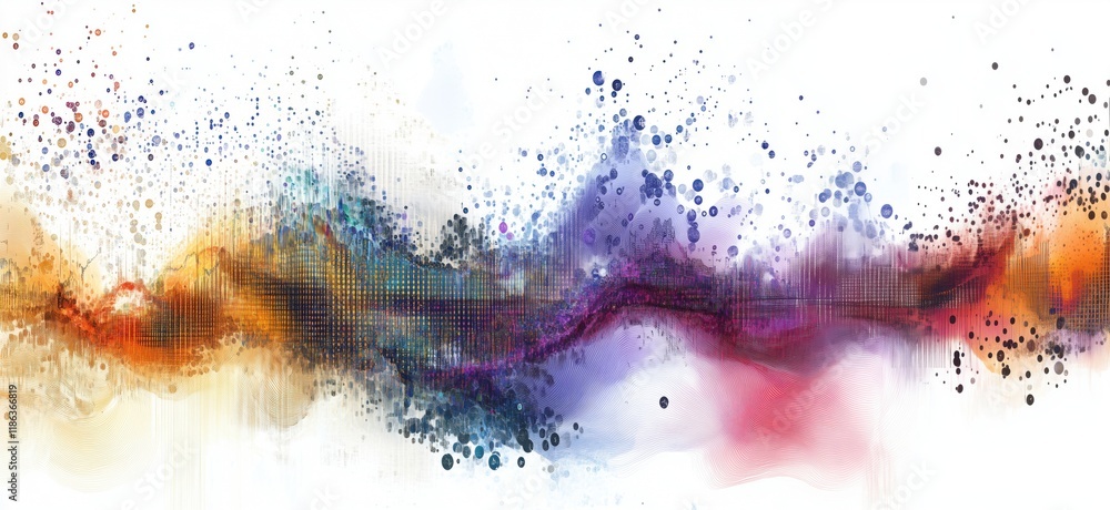 Poster abstract colorful wave pattern with vibrant splashes and dots, showcasing a blend of colors like ora