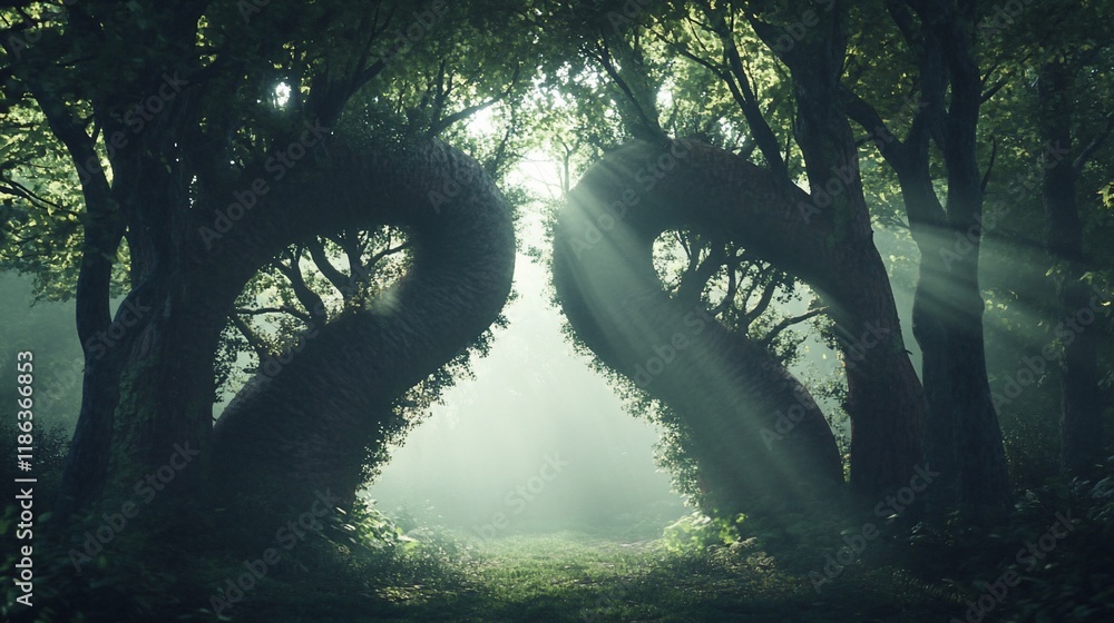 Poster a mystical forest scene with intertwined trees and beams of light filtering through foliage.