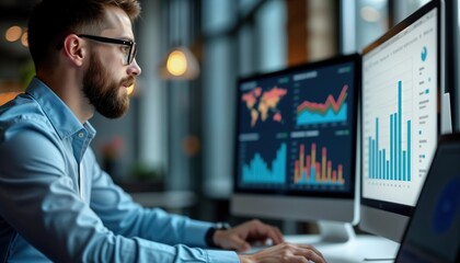 Man focuses on computer screen. Business analyst examines business statistics. Data analysis. Report review. Insightful data. Graphs, charts. Digital data. Business data. Modern office. Information