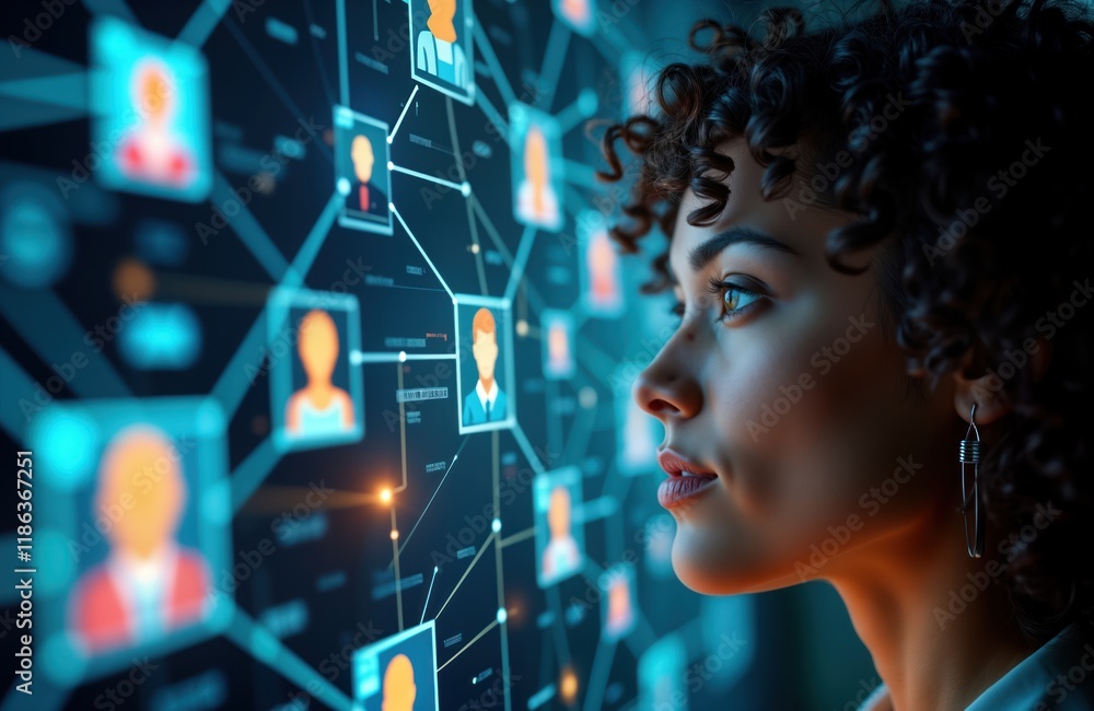 Poster woman looks at digital display showing interconnected human profiles. hr tech concept. global recrui