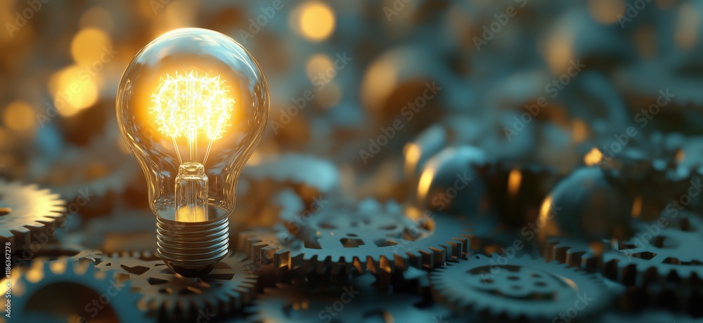 Poster illuminated light bulb symbolizing innovation amidst intricate gears representing machinery and tech