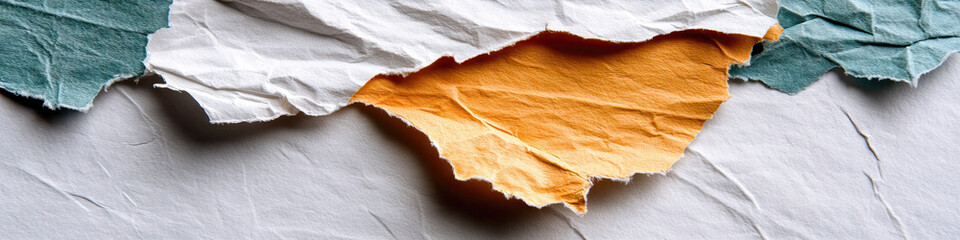 Crumpled and Torn Paper Fragments: Gray, Teal, and Orange