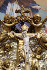 Cross on the tabernacle on the main altar in the parish church of Saint John of Nepomuk in Stupnik, Croatia