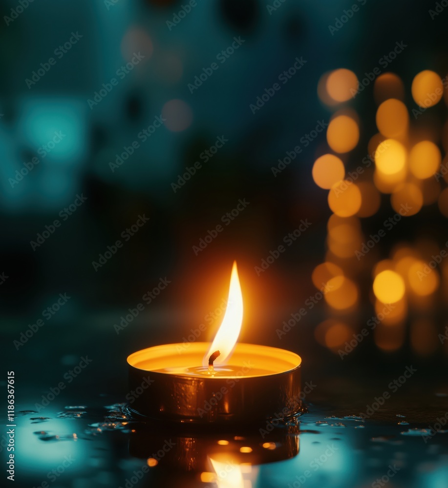 Poster candle flame illuminating dark space, creating warm ambiance with reflections and bokeh lights in ba