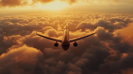Airplane flying over clouds at sunset aerial view travel photography