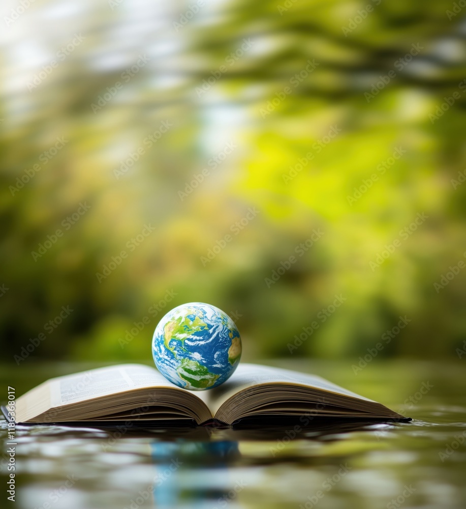Poster earth globe resting on open book symbolizing knowledge and environmental awareness in serene natural