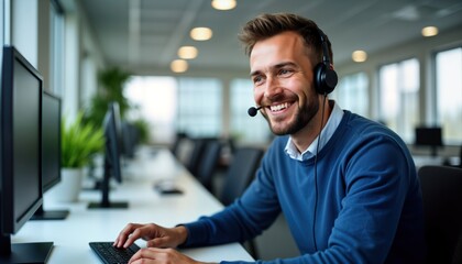 Smiling call center employee using headset and computer. Man works in office. He chats happily with client. Indoor business scene. Casual wear. Modern tech workplace. Friendly interaction.