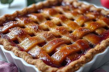 A golden lattice-crust apple pie, freshly baked and glistening with a sweet glaze, exudes warmth and comfort food appeal