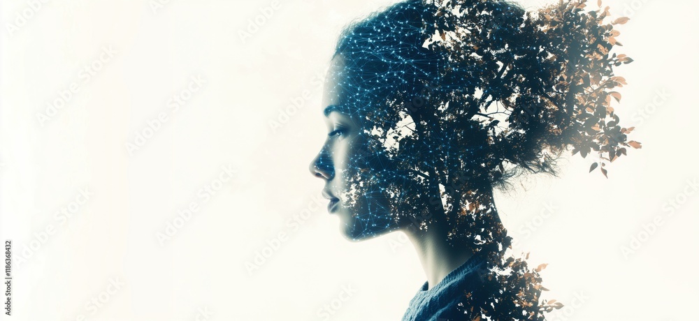 Poster double exposure portrait of woman with tree and network overlay, symbolizing connection between natu
