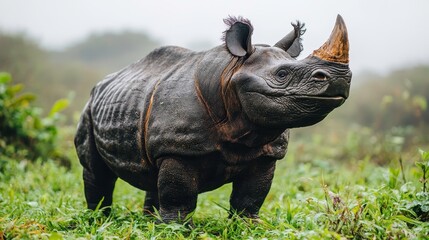 Fototapeta premium Majestic rhinoceros roaming in lush green habitat wildlife photography natural environment close-up view