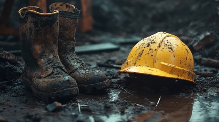 Dirty Construction Boots and Yellow Hard Hat on Muddy Ground