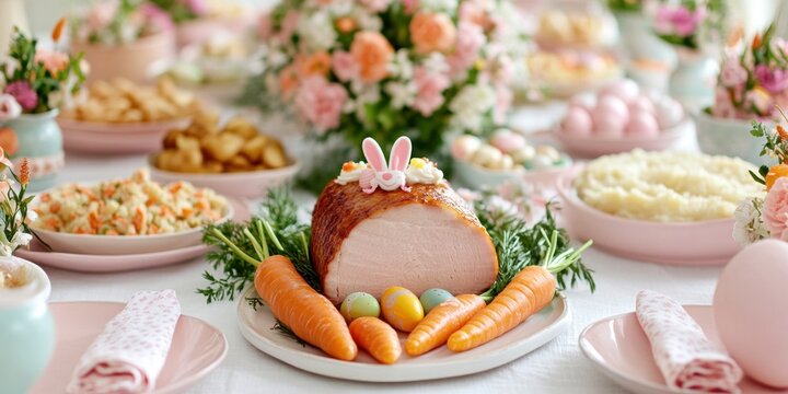 Festive easter dinner with glazed ham and spring decorations on a table
