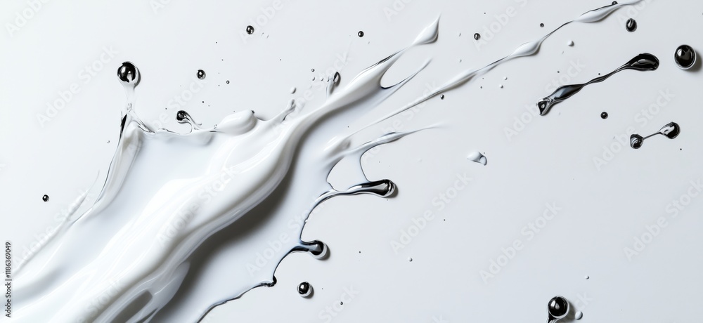 Poster dynamic splash of white paint with black droplets creating an abstract art effect on a clean backgro